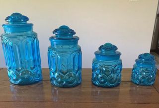 Vtg L.  E.  Smith Glass,  Blue - Moon And Stars Canisters Set Of 4 W/ Lids
