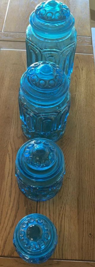 VTG L.  E.  Smith Glass,  BLUE - Moon and Stars Canisters Set of 4 W/ LIDS 2