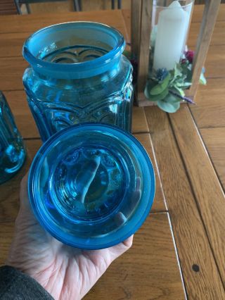 VTG L.  E.  Smith Glass,  BLUE - Moon and Stars Canisters Set of 4 W/ LIDS 3