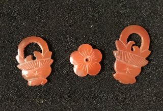 Vintage Chinese Carnelian Carved Button: Urns And Flower (m44)