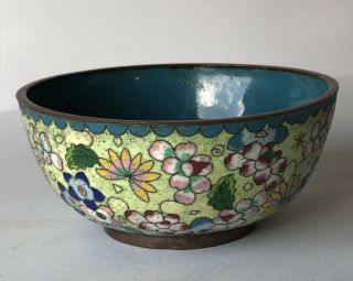 Antique Chinese Cloisonné On Copper Bowl Mixed Flowers On Green 5 1/4” X 2 3/8”