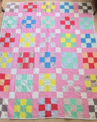 Vgc Vtg 50s Nine Patch Hand Quilted Patchwork Quilt Pink Floral Geometric 60x72