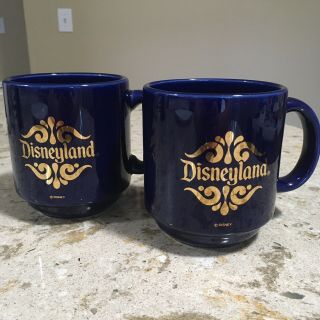 Vintage Disneyland Mugs Blue Gold Lettering.  Made In Spain