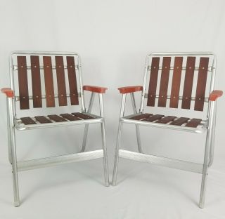 Mid - Century Redwood Slat Aluminum Folding Chair Lawn Patio Camp Set Of 2 Vintage