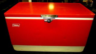 Vintage Large Size 28 " Red Coleman Metal Cooler 2 Trays Drain Plug Metal Handles