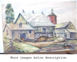 Vintage Watercolor Painting,  Old Barn,  Barnyard,  Philip Aziz,  Signed,  1946,  18 X 27