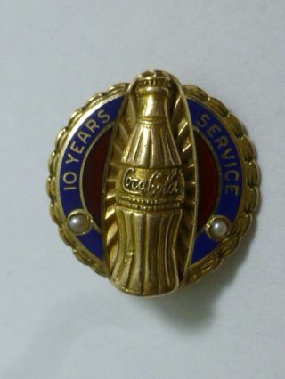 Vintage 10k Gold - Coca Cola 10 Year Employee Service Award Pin W/ Coke Bottle