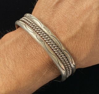 Heavy Vintage Navajo Stamped Sterling Silver Twisted Rope Cuff Bracelet 48g