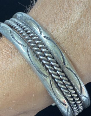 HEAVY VINTAGE NAVAJO STAMPED STERLING SILVER TWISTED ROPE CUFF BRACELET 48g 3