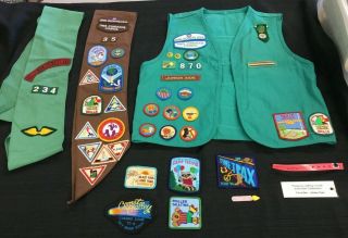 Girl Scout Vest And 2 Sashes With Badges And Pins