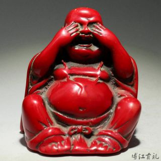 Collectable China Old Red Coral Hand - Carved Happy Buddha Auspicious Decor Statue