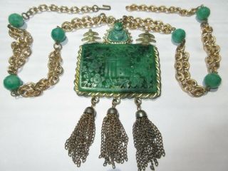 Vintage Hattie Carnegie Chunky Carved Jade Buddha Temple Asian Pendant Necklace