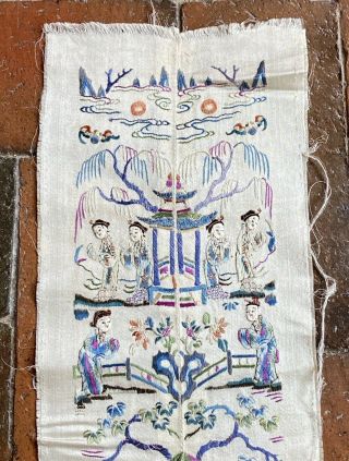 Antique Chinese Silk Embroidery Sleeve Qing 19th Figures Bats For Robe 2