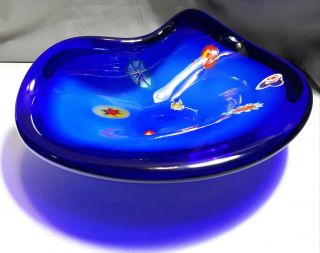 Vintage Mid Century Murano Glass Blue Millefiori Centerpiece Fruit Bowl Deco Art