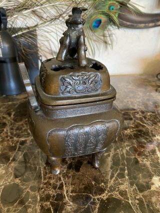 Vintage Chinese Marked Bronze Foo Dog Incense Burner Censer 2
