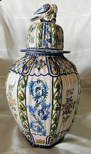 Large Vintage 15.  5 " Hand Painted Terra Cotta Clay Polychrome Vase Parrot Lid 6