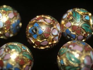 One Large Vintage Chinese Enamel Cloisonné Gold Bead Leaves Flowers Round 18mm