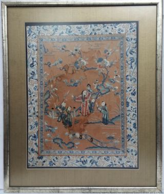 Large Antique Chinese Late Qing Silk Embroidery Children Family Allegory Framed