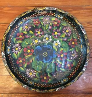 Vintage Mexican Folk Art Batea Hand Painted Floral Tray Bowl Large Detailed Edge