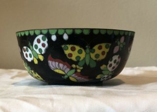 Antique Chinese Cloisonne Bowl Black With Colorful Butterflies 2” X 4 1/2”