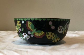 antique chinese Cloisonne Bowl Black With Colorful Butterflies 2” x 4 1/2” 2