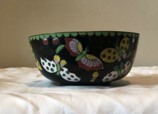 antique chinese Cloisonne Bowl Black With Colorful Butterflies 2” x 4 1/2” 3