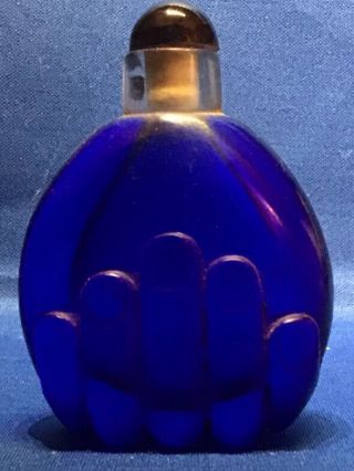 Vintage Glass Chinese Snuff Bottle - Blue With Outline Of Fingers On Front