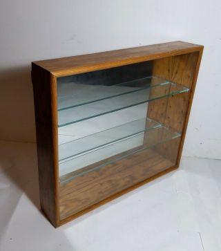 Vintage Wood Display Showcase With Mirror,  Glass Shelves,  Sliding Door