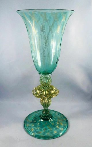 Vintage Murano Venetian Green Glass Goblet Gold Fleck Stem D 