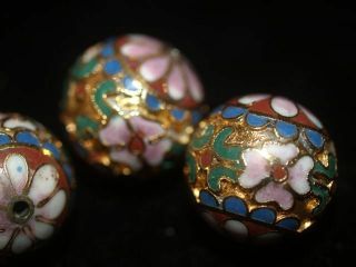 One Large Vintage Chinese Enamel Cloisonne Gold Round Bead Flowers 18mm 1