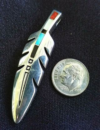 Vtg Ray Tracey Rt Signed Sterling Silver Turquoise Inlay " Eagle Feather " Pendant