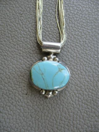 Vintage 30 " Multi - Strand Sterling Silver Necklace With Large Turquoise Pendant