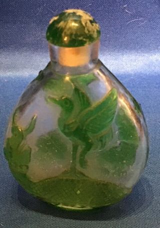 Vintage Clear Glass Snuff Bottle With Green Dragon And Bird On Each Side
