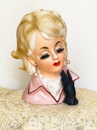 Vintage Trimont Ware Ceramic Lady Head Vase Japan Blond Pink Jacket Black Glove