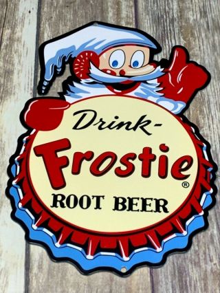 Vintage " Drink Frostie Root Beer W/ Elf " 12 " Baked Metal Soda Pop Gas & Oil Sign