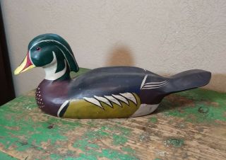 Vintage Paul Arness Drake Wooden Wood Duck Decoy With Glass Eyes