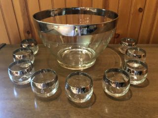 Mcm Vintage Dorothy Thorpe Silver Rim Roly Poly Punch Bowl 10pc Set W Glasses