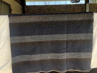 Vintage Wool Blanket Blue Gray Brown Striped 88 " X 108 " King Cozy Lodge Cabin
