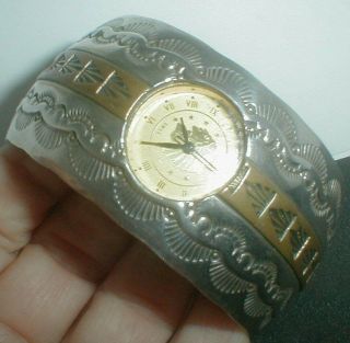 Vintage Navajo Kenneth Bill Extra Wide Sterling Silver Stamp Cuff Watch Bracelet