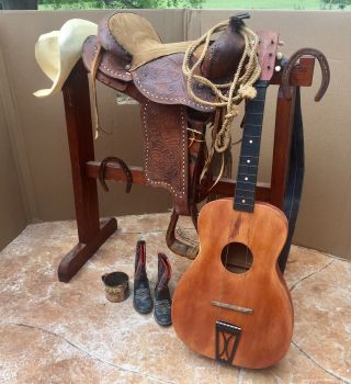 Vintage Western Rustic Cowboy Decor Saddle,  Guitar,  John Wayne Poster,  Boots