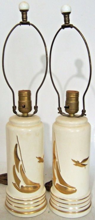 Pair Vintage Mid Century Deco Nautical White & Gold Sailboat Boat Seagull Lamps