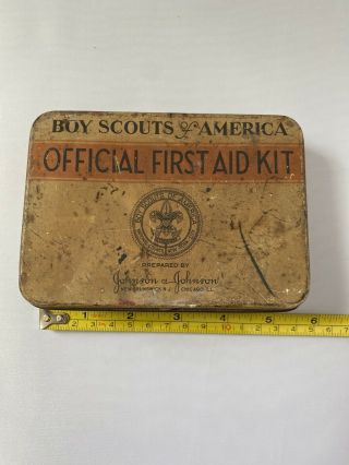 Vintage Official First Aid Kit Boy Scouts Of America Tin Box Johnson & Johnson