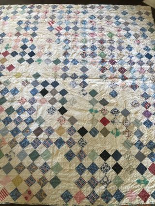 Vintage Quilt Cotton Fabric Hand Stitched Feed Sack Colorful 80 X 69”