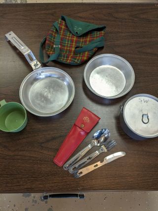 Vintage Official Girl Scout Mess Kit In Carry Bag With Complete Flatware Set