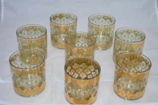 8 Vintage Mcm Culver Valencia 22k Gold Emerald Old Fashion Lowball Rocks Glasses