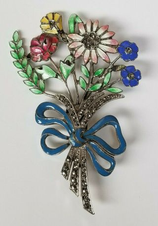 Vintage Art Deco Sterling Silver Marcasite Enamel Flower Pin Brooch