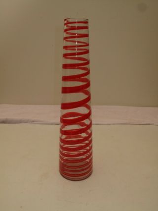 Vtg Mcm Hand Blown Art Glass Vase Tall Clear With Red Yellow Orange Helix Spiral