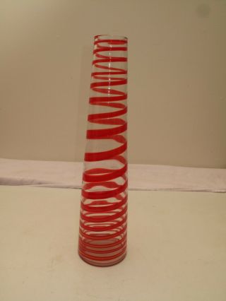 VTG MCM HAND BLOWN ART GLASS VASE TALL CLEAR WITH RED YELLOW ORANGE HELIX SPIRAL 2