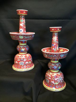 Large Pair Vintage Chinese Porcelain Candle Sticks 15”