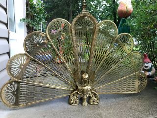 Vintage Brass Folding Fan Fireplace Screen With Gargoyle / Griffon / Phoenix